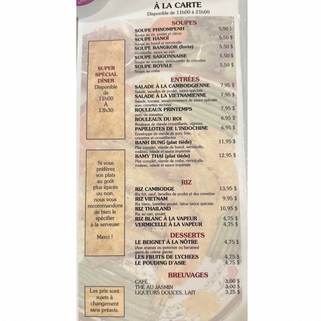 Menu de Restaurant Paradis D'Asie
