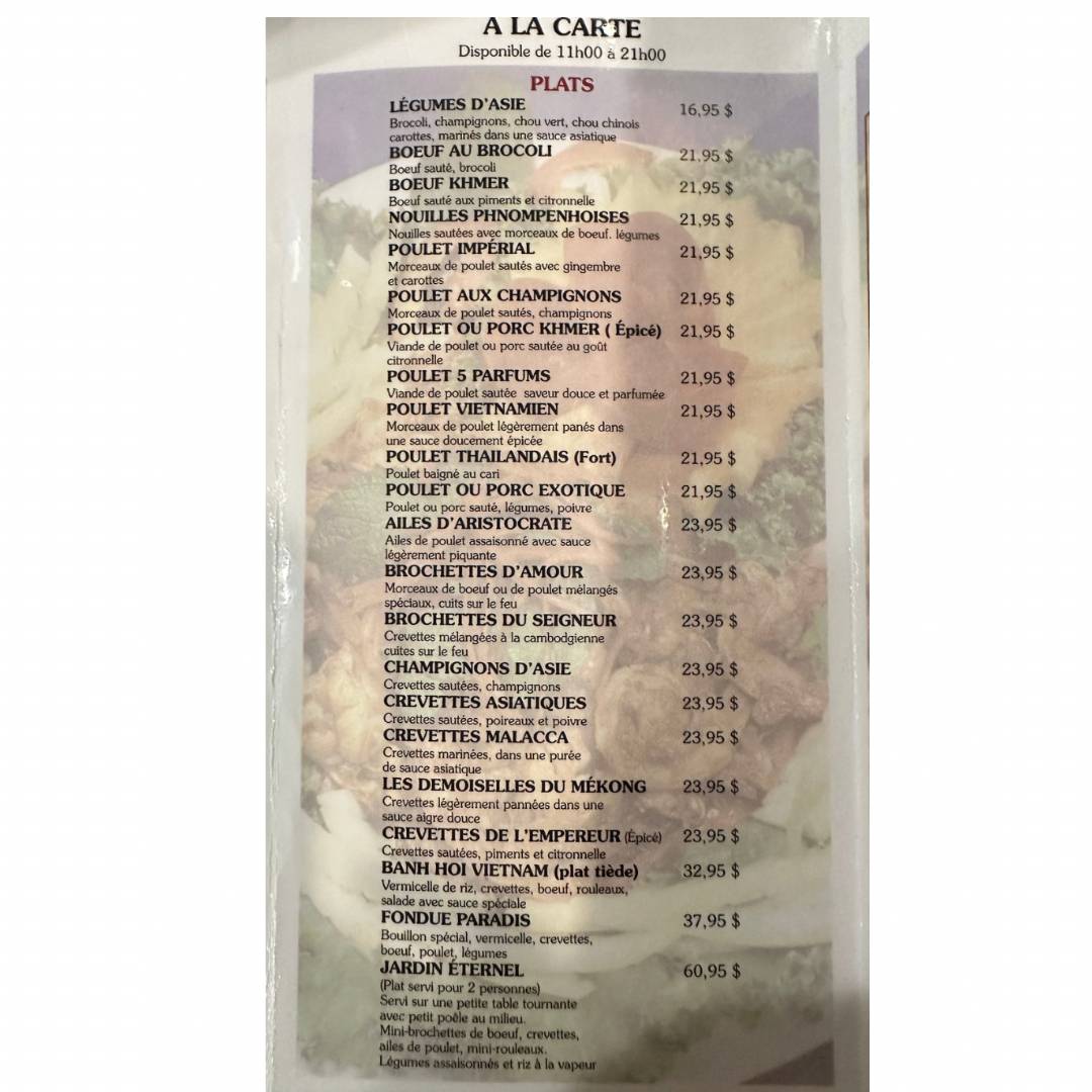 Menu de Restaurant Paradis D'Asie