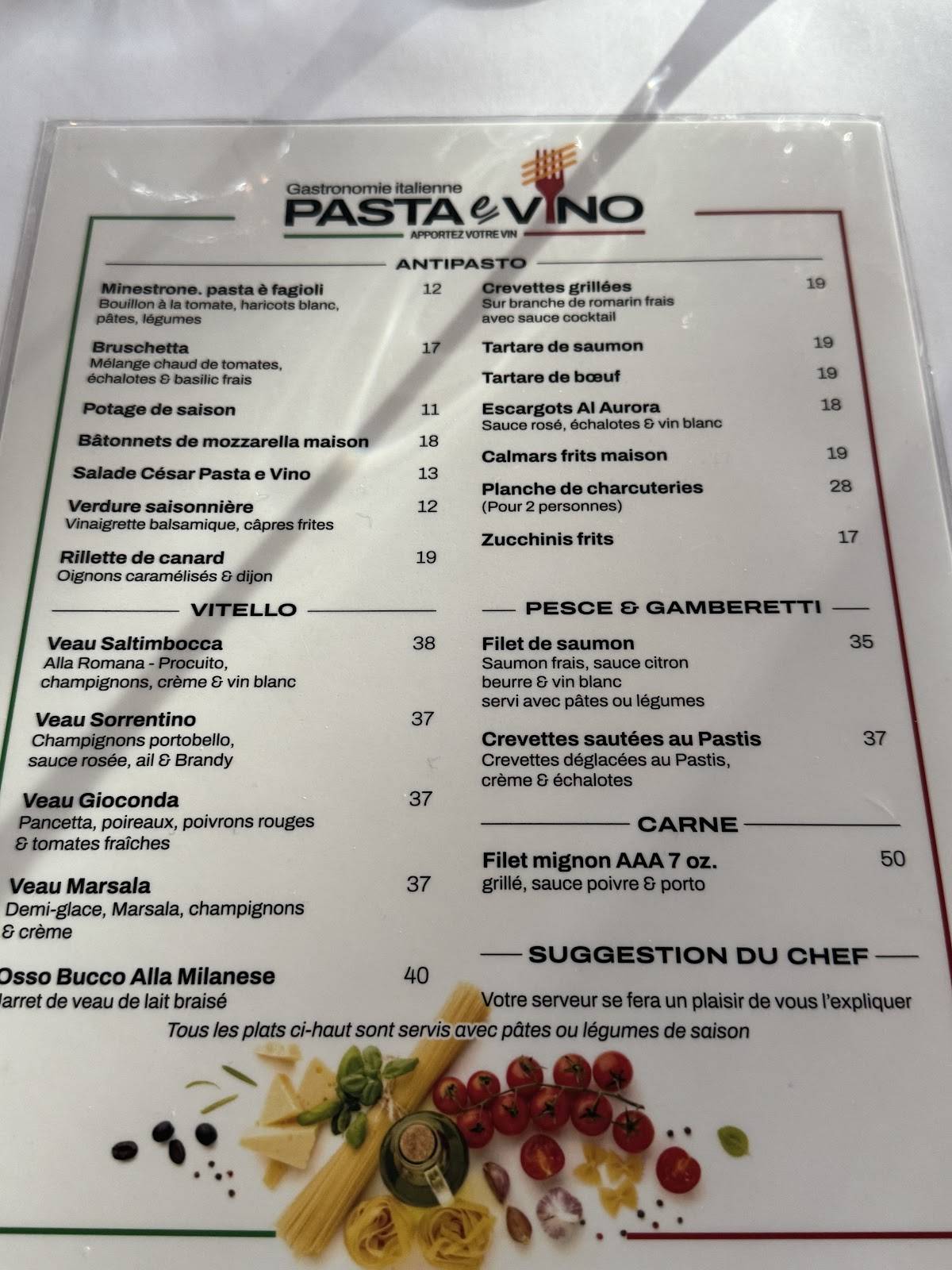 Menu at Pasta E Vino restaurant, Saint-Lambert