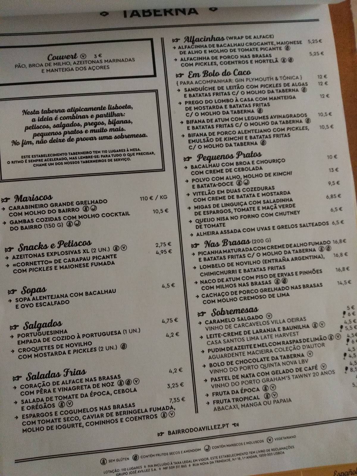 Menu at Pateo Bairro do Avillez restaurant, Lisbon