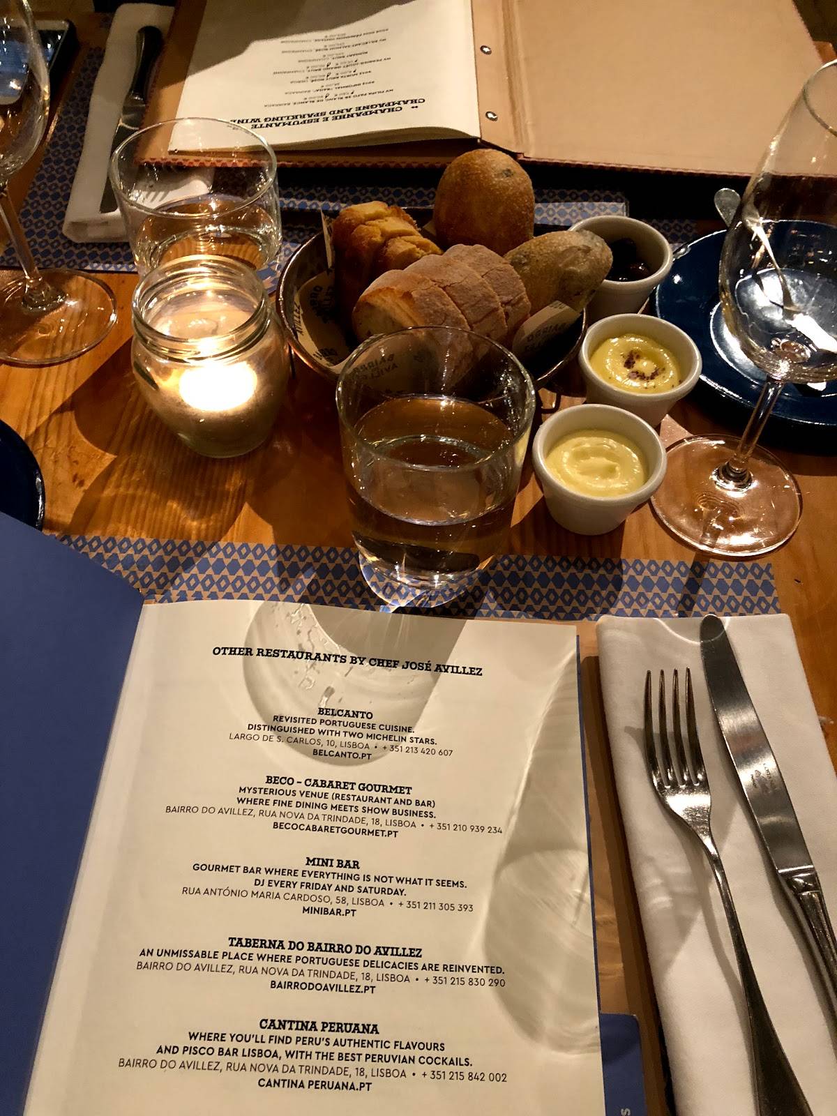 Menu at Pateo Bairro do Avillez restaurant, Lisbon