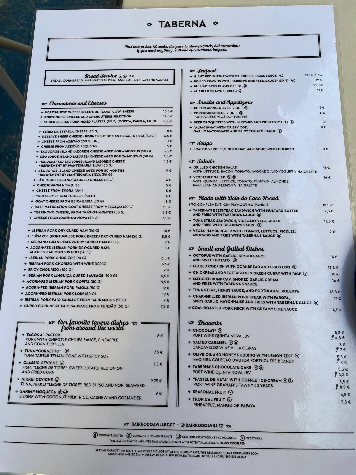Menu at Pateo Bairro do Avillez restaurant, Lisbon