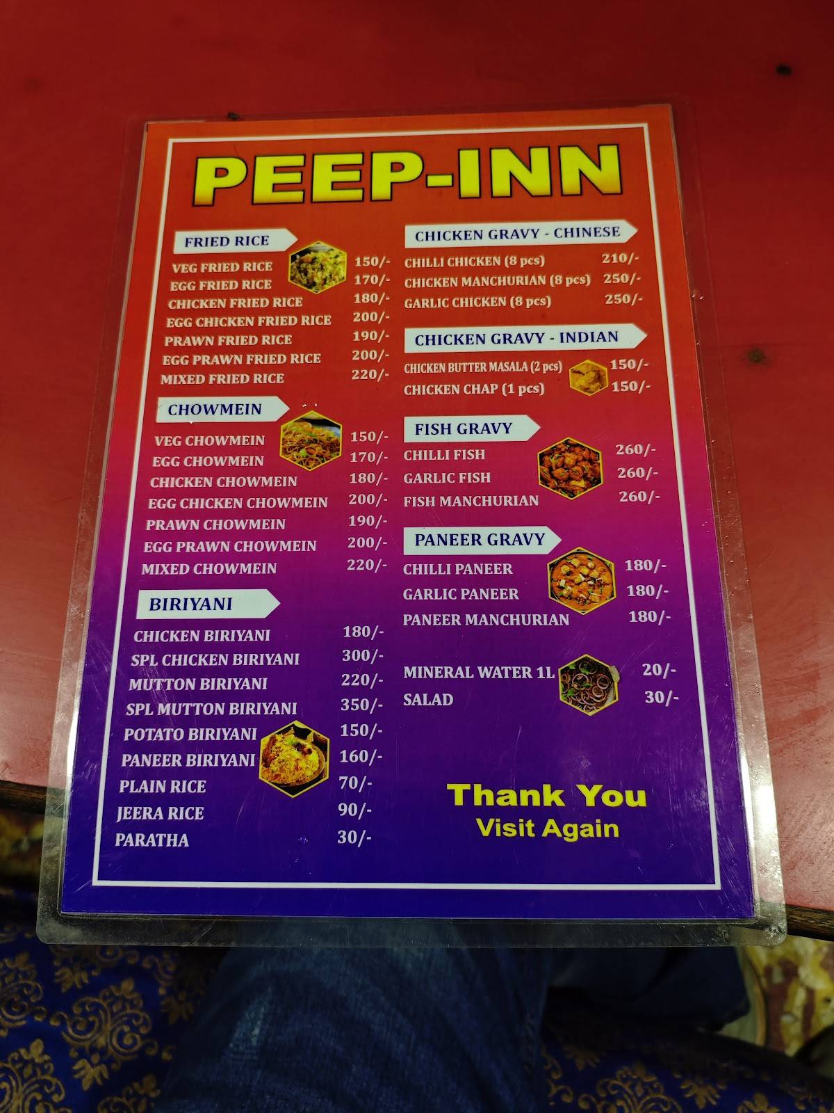 Peep In Restaurant menu