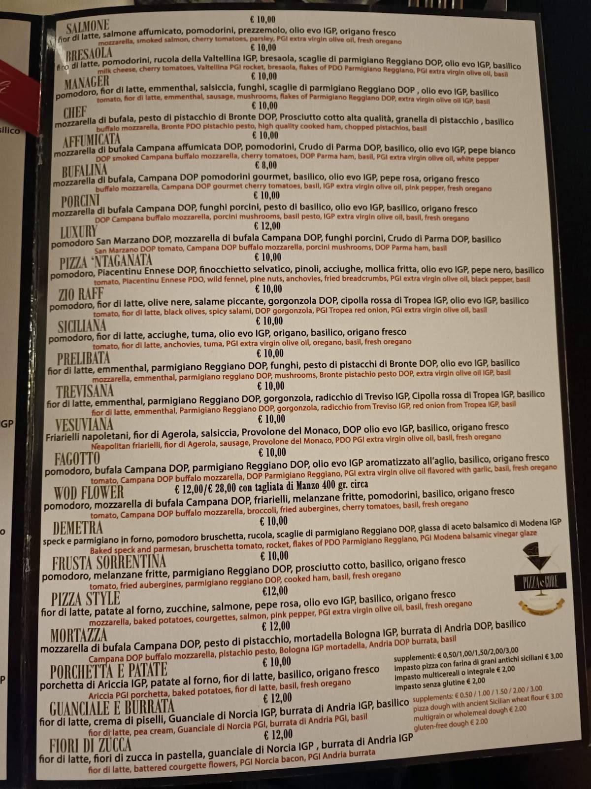 Menu di Pizza e Core Pizza & Cocktail Bar 