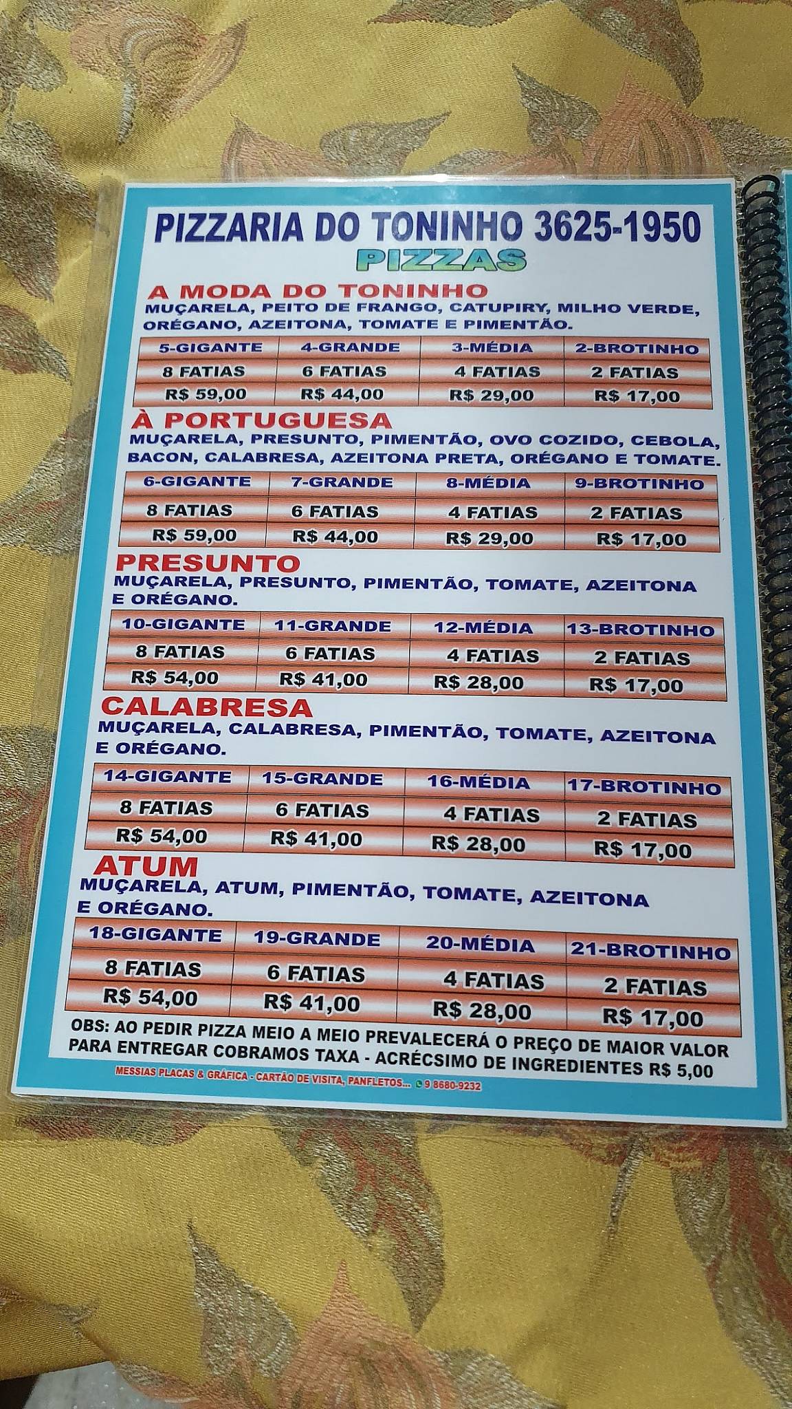 Pizzaria do Toninho cardápio