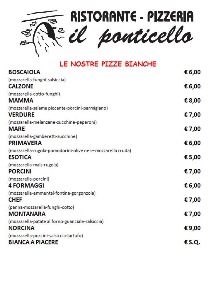 Menu di Ristorante Pizzeria Il Ponticello 