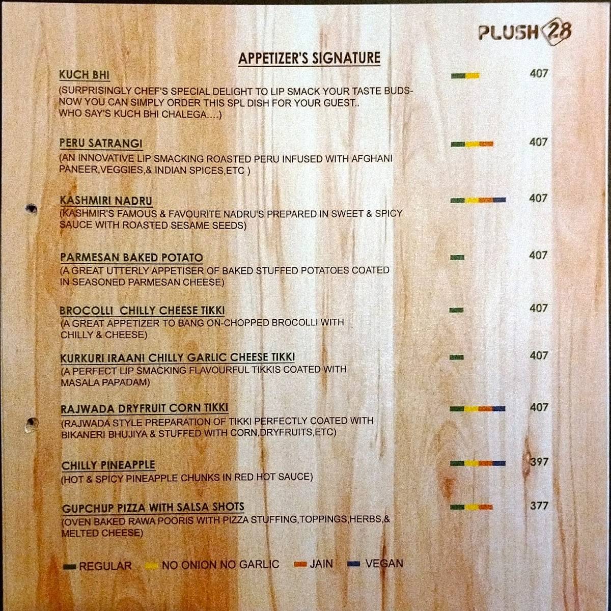 Plush 28 -Pure Veg Restaurant menu