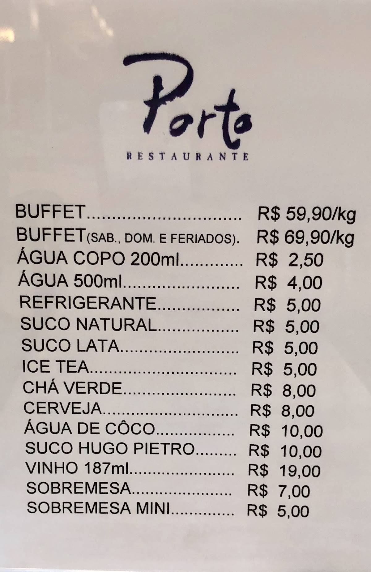 Porto Restaurante cardápio