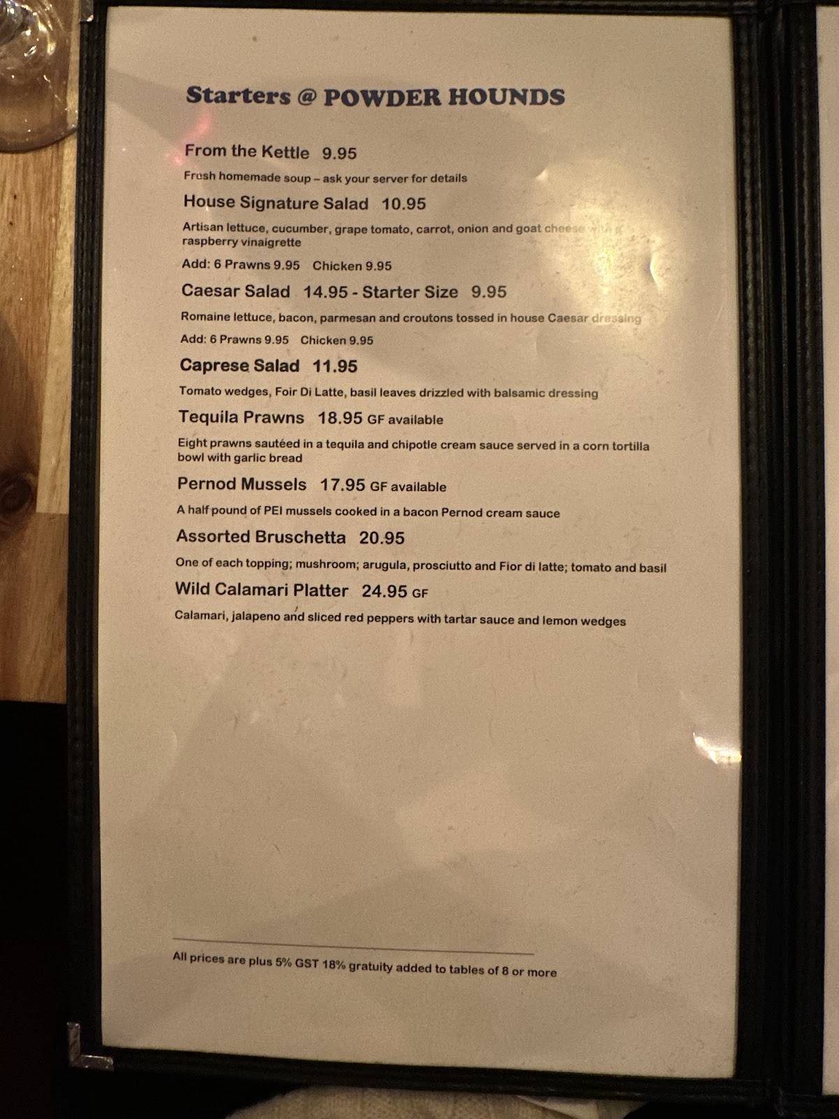 Menu de Powder Hounds Restaurant