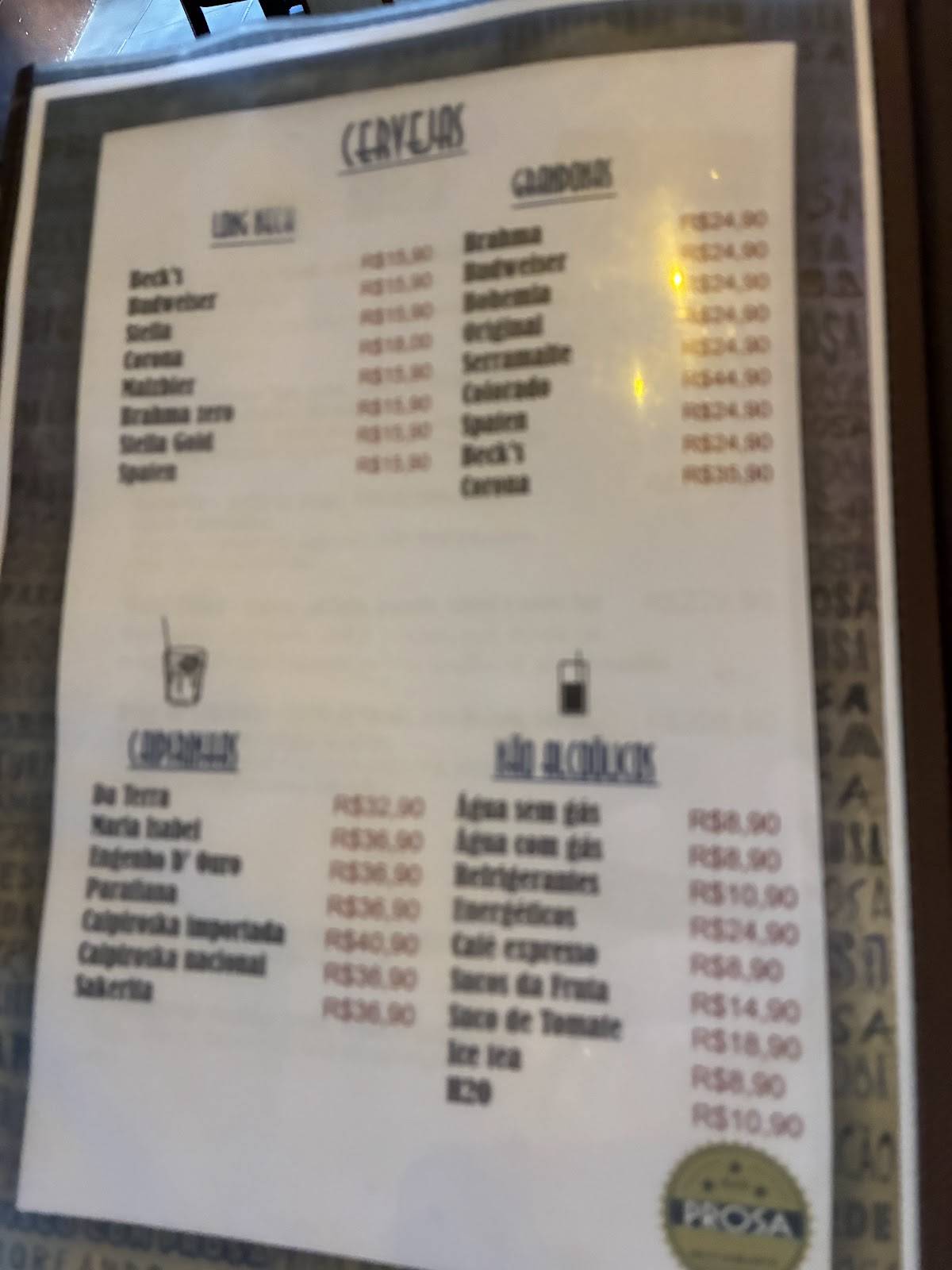 Prosa Restaurante cardápio