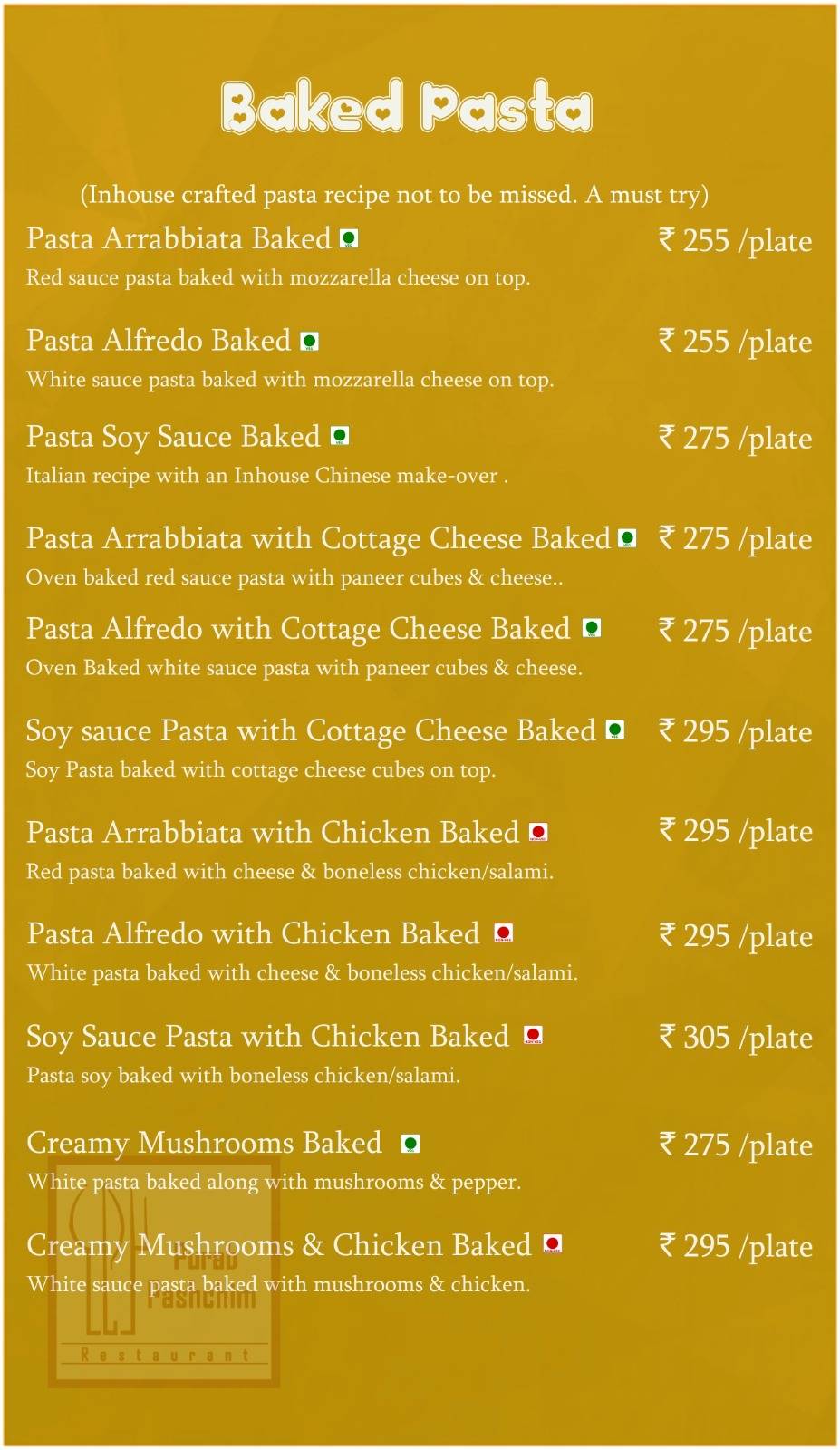 Purab Pashchim Restaurant menu