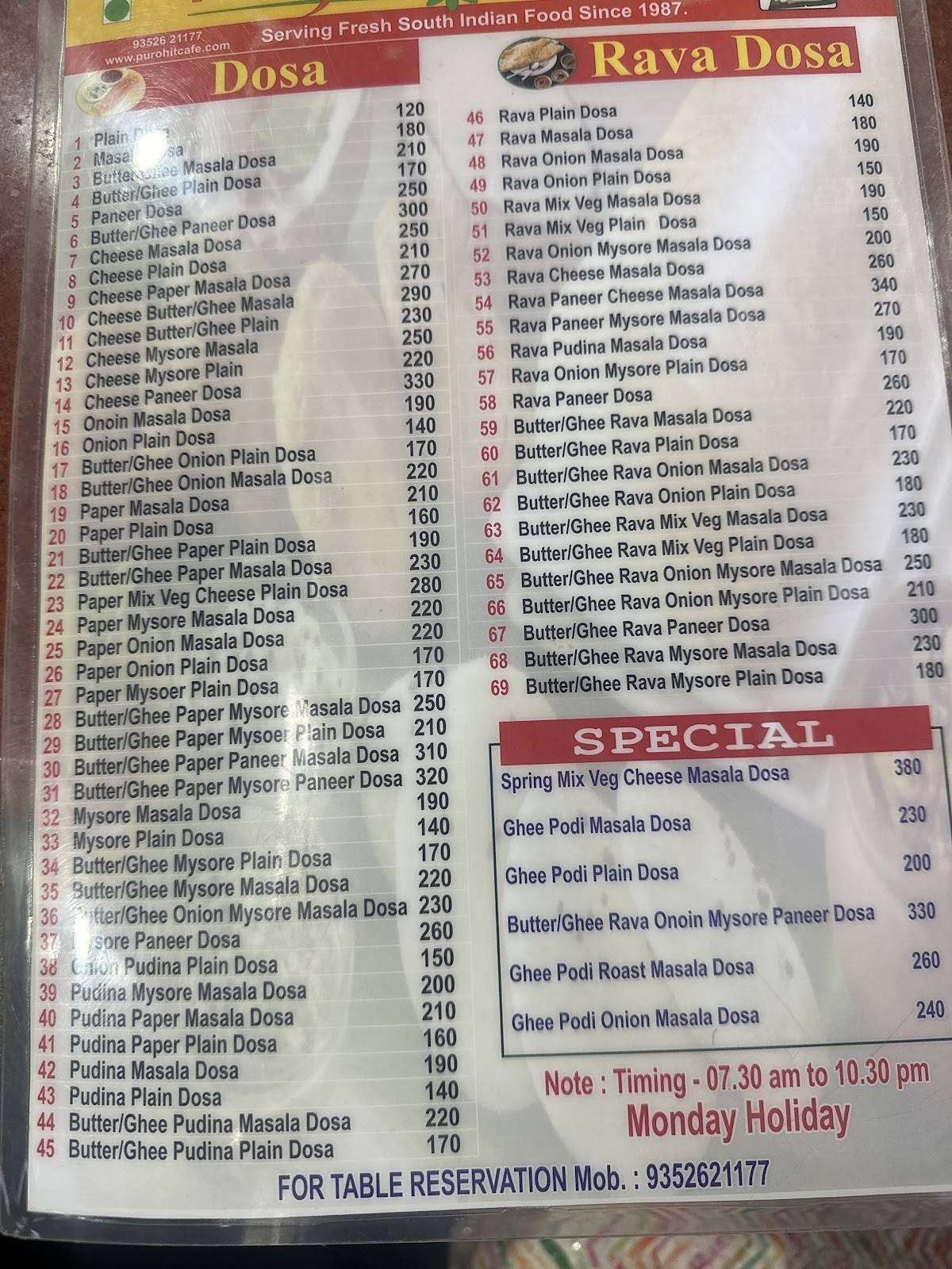 Purohit Cafe .. Where taste, trust, and tradition meet — since 1987. menu