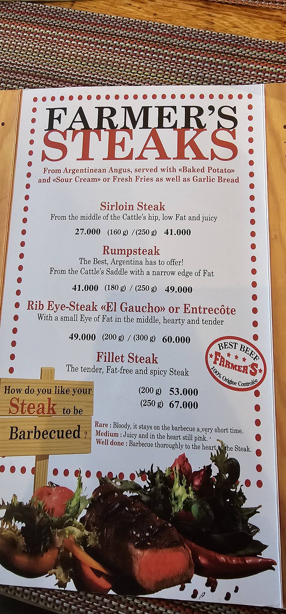 Menu de Restaurant Farmer's Steakhouse