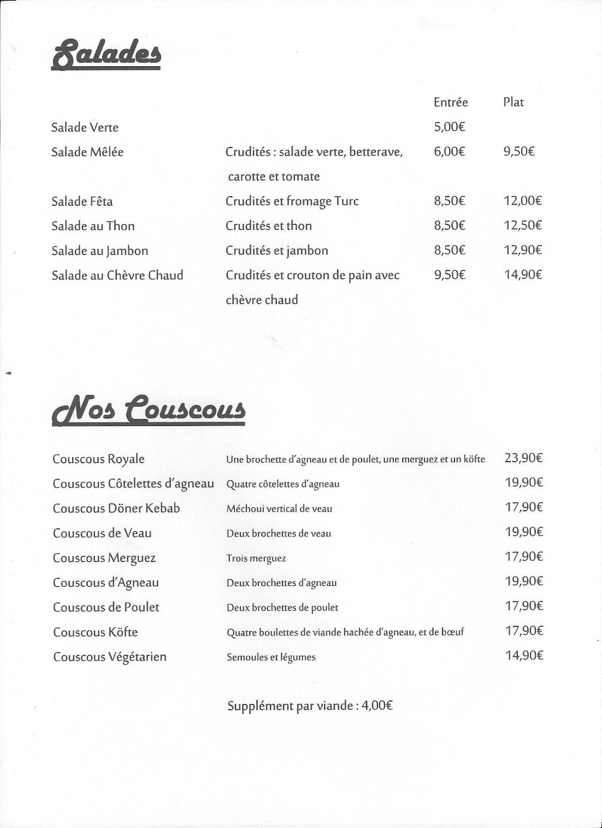 Menu de Restaurant Pizzeria Le Moulin
