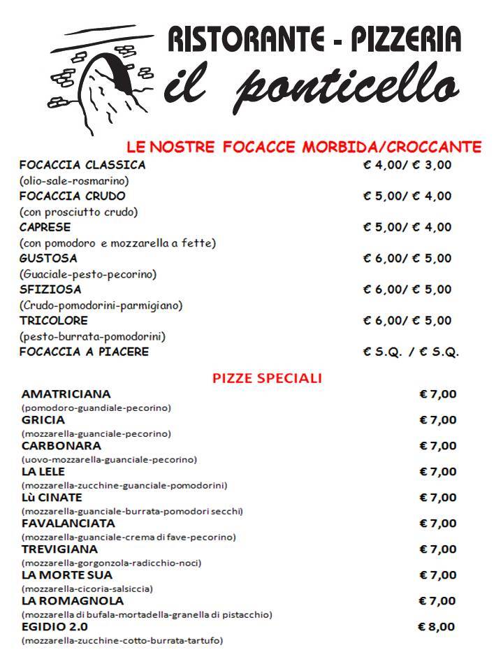Menu di Ristorante Pizzeria Il Ponticello 