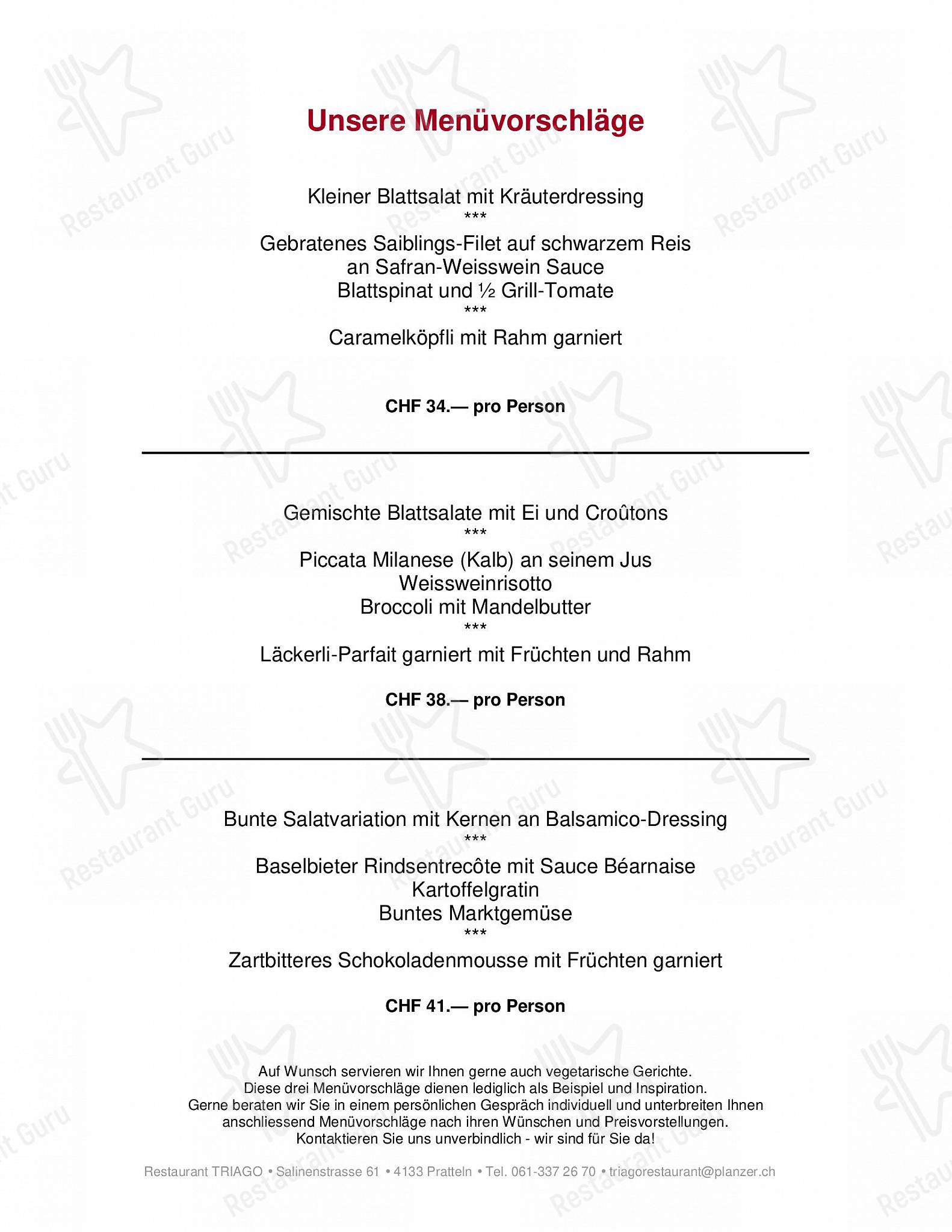 Menu per Restaurant TRIAGO in Pratteln