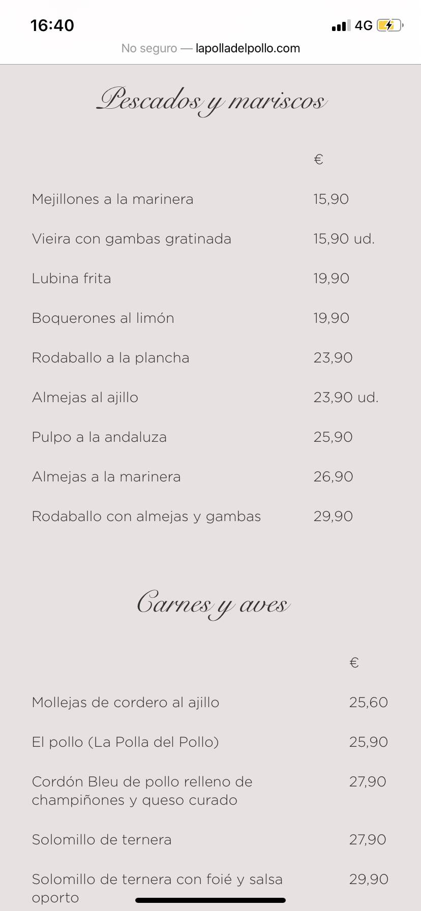 Carta de Restaurante La Polla del Pollo, Madrid