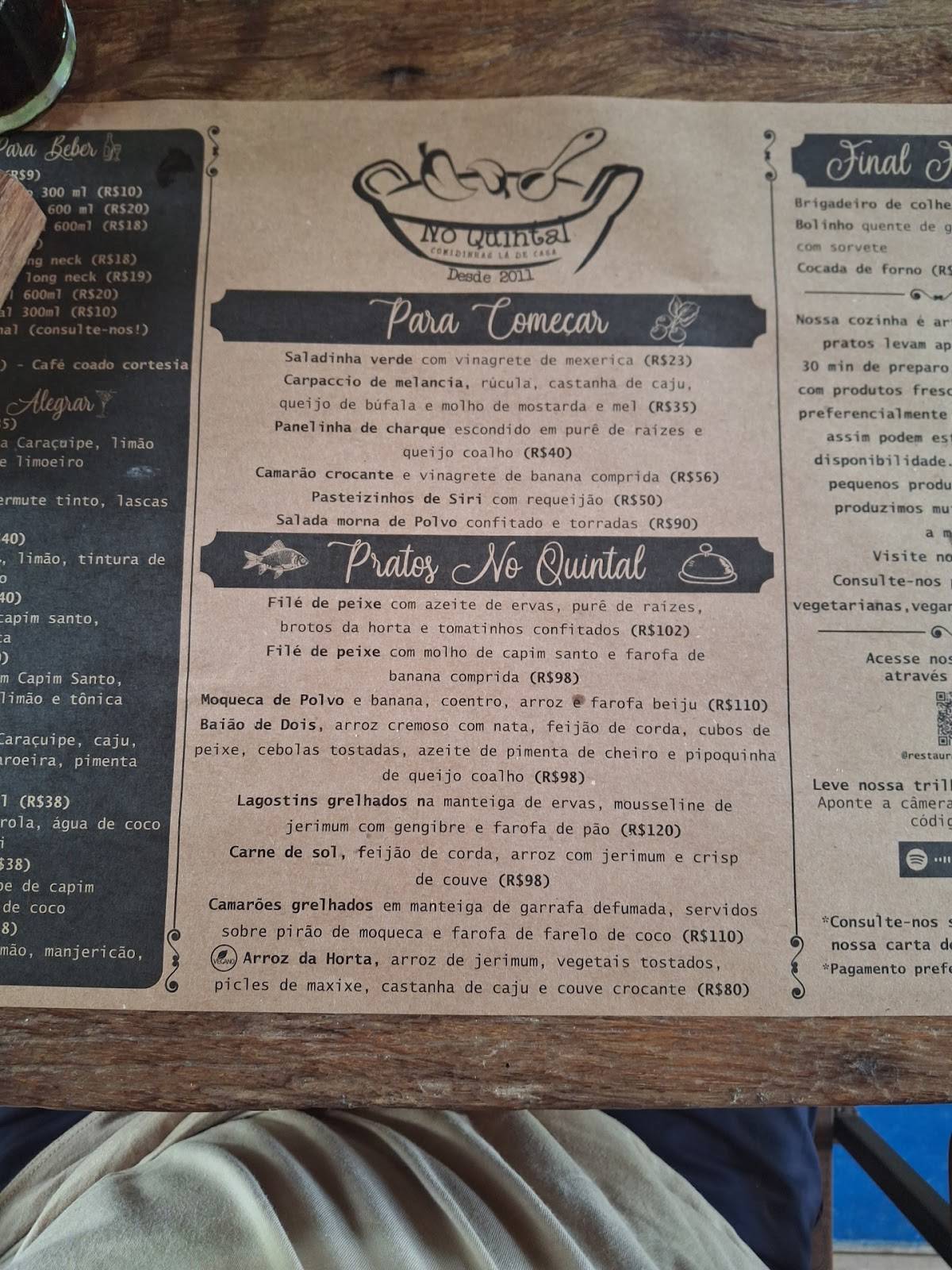 Restaurante No Quintal cardápio