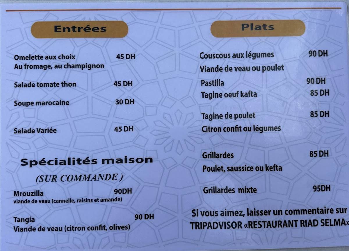 Menu de Restaurant Riad Selma