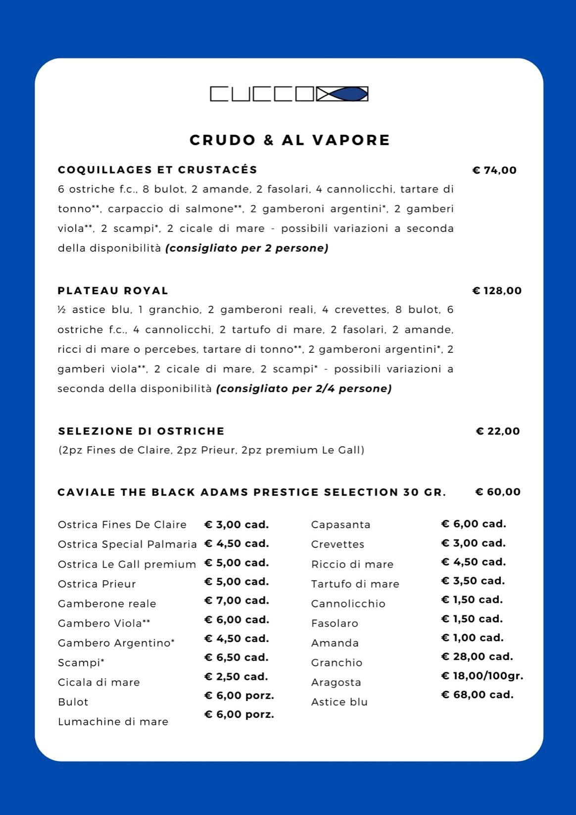 Menu di Ristorante Cucco - Pesce e Frutti di mare 