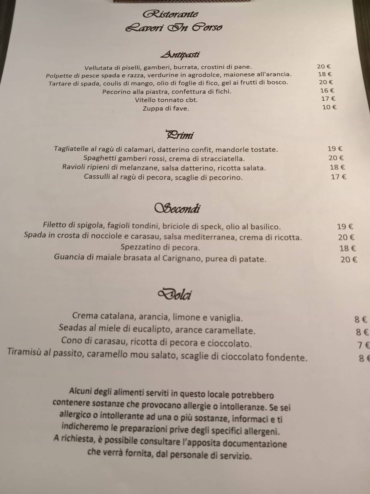 Menu di Ristorante Lavori in corso 