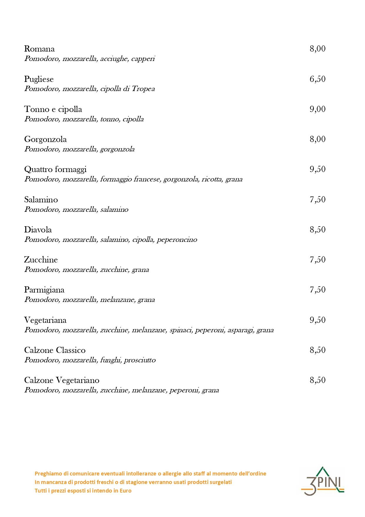 Menu di Ristorante Pizzeria Bar Tre Pini 