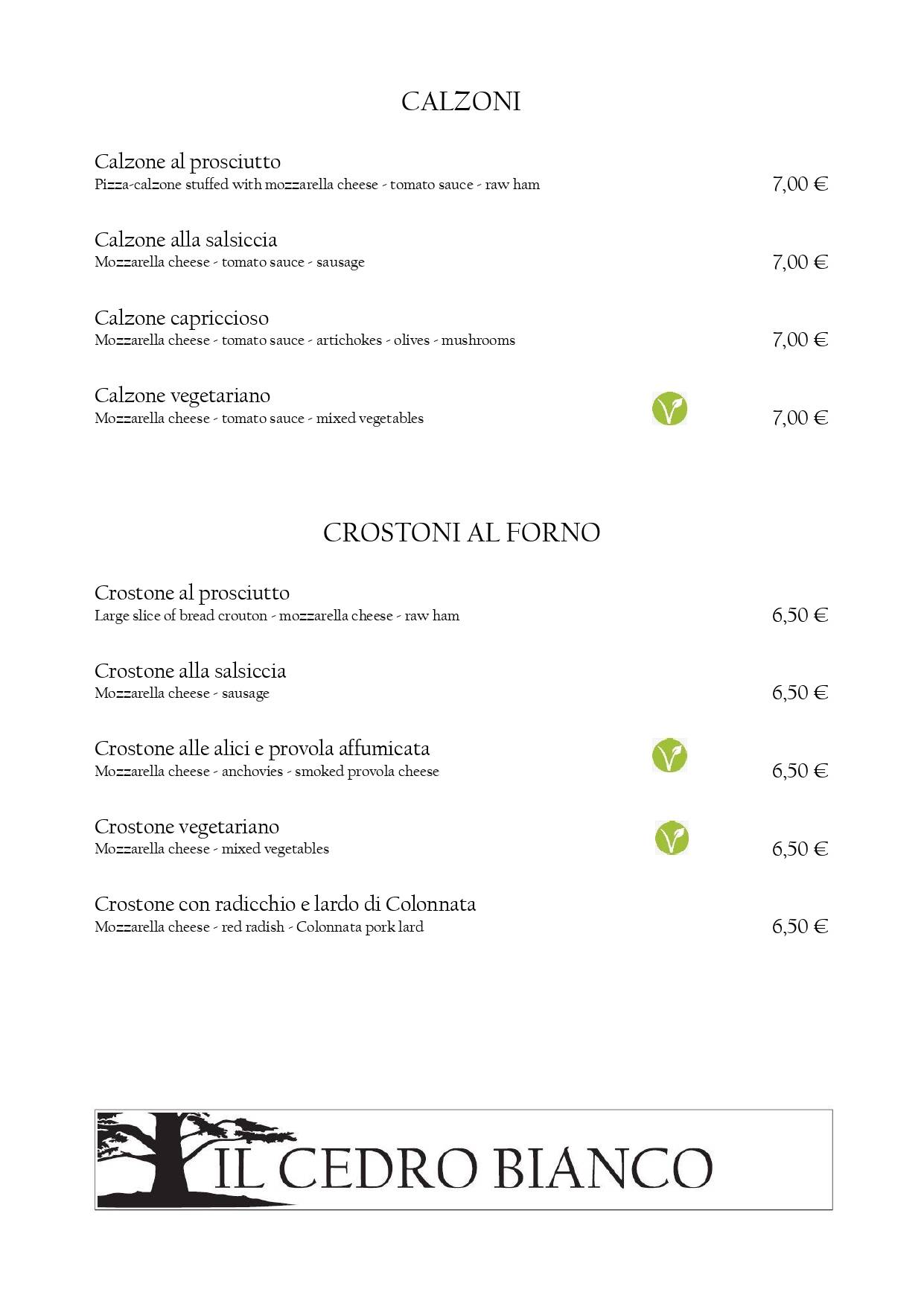 Menu di Il Cedro Bianco Ristorante Pizzeria 