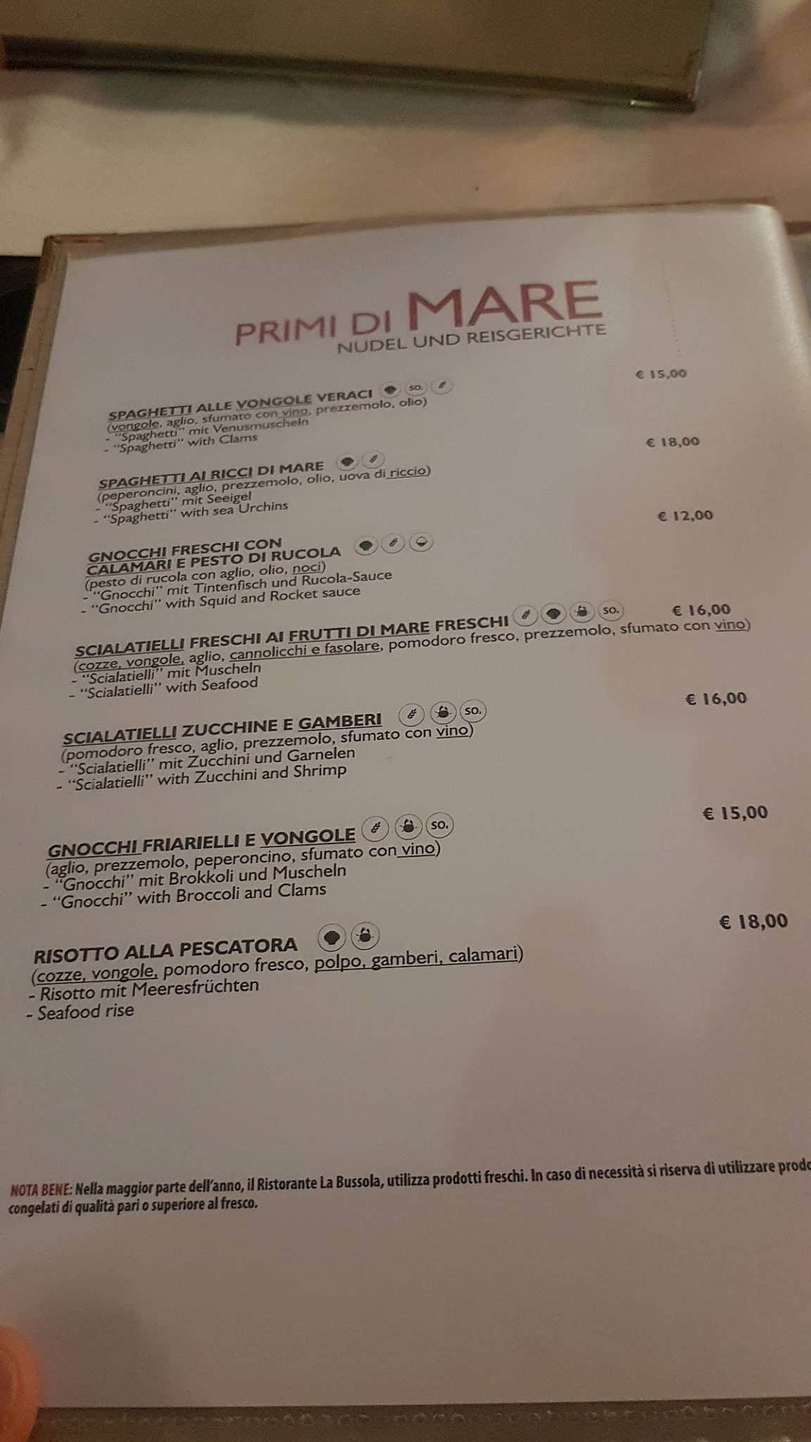 Menu di La Bussola 