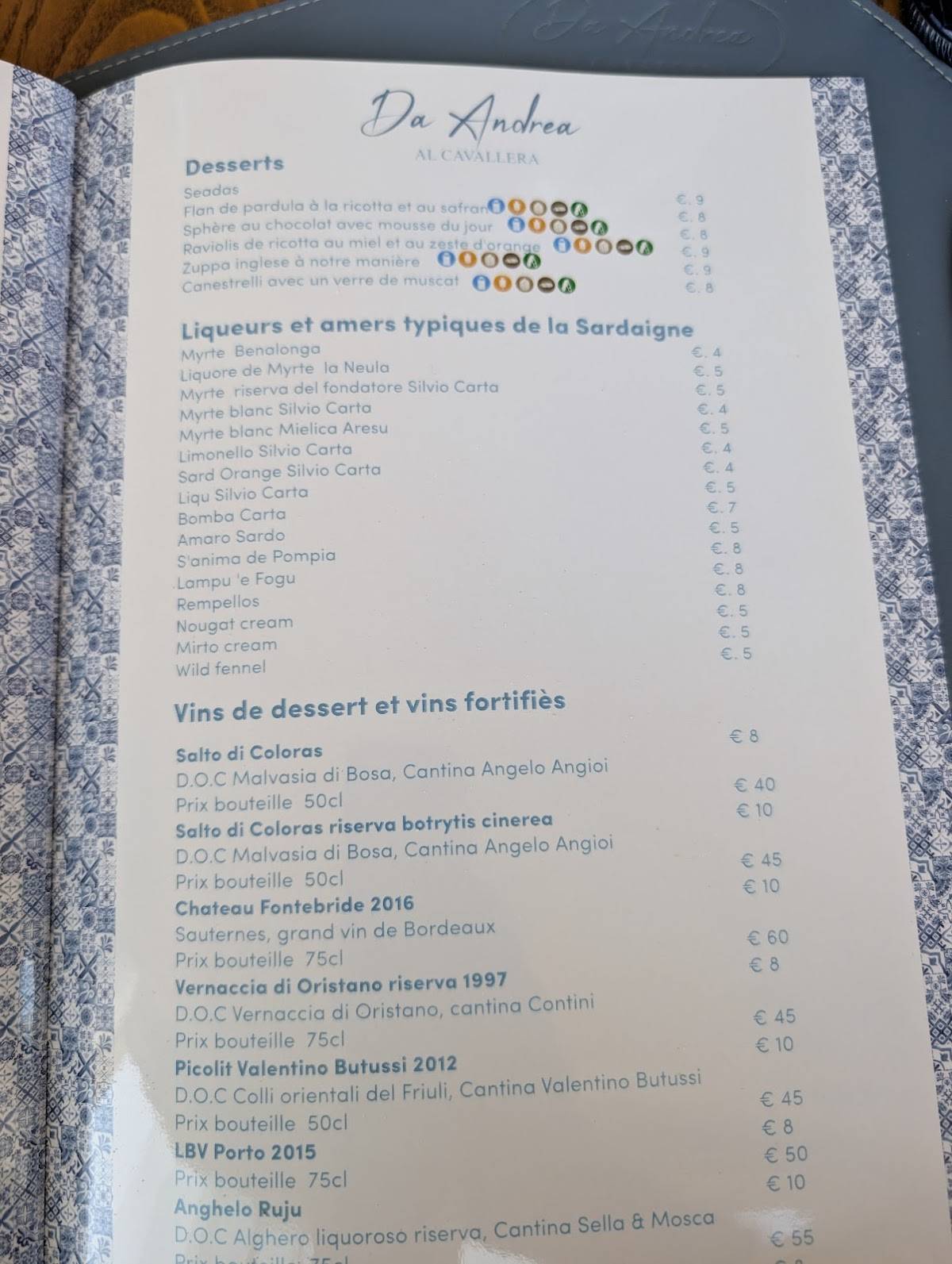 Menu di Ristorante da Andrea al Cavallera 