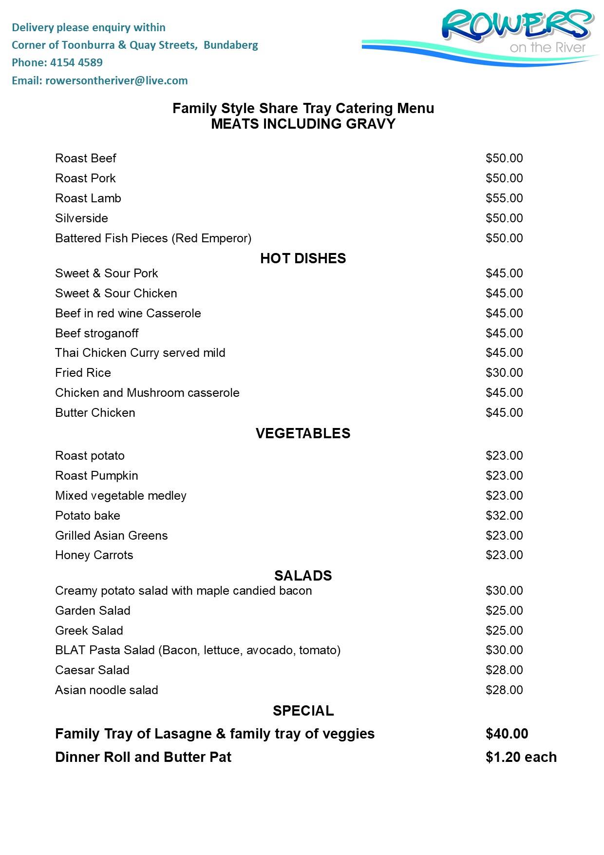 Menu at Rowers on the River restaurant, Bundaberg Central