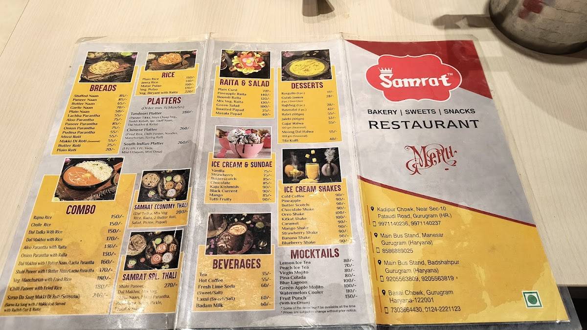 Samrat sweets Badshahpur new menu