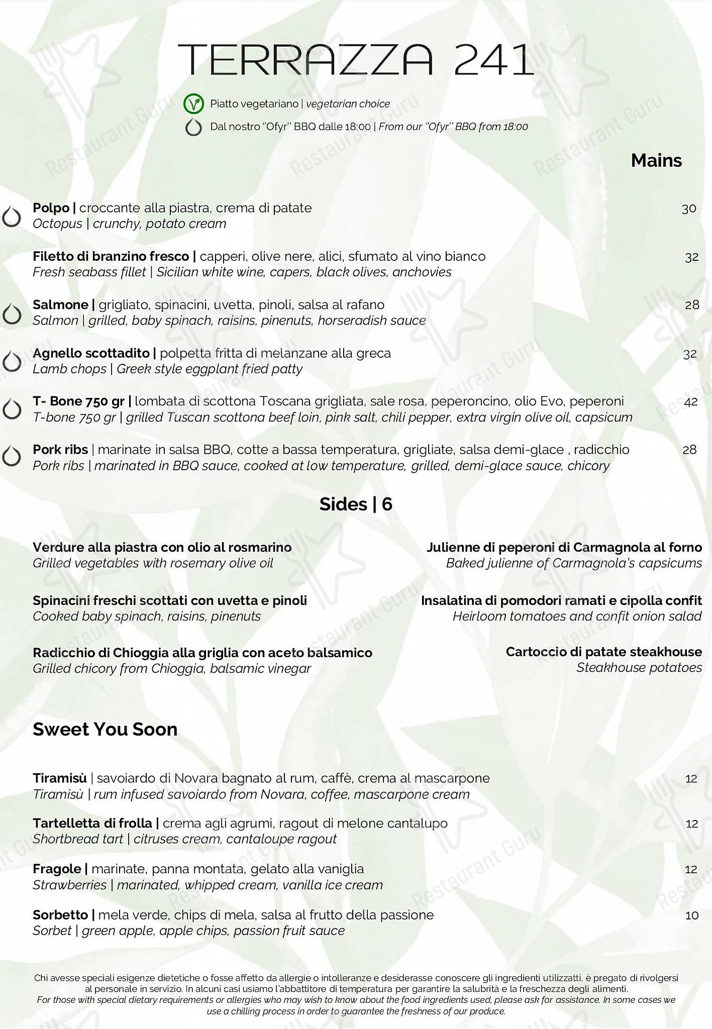 Menu per Satin ristorante