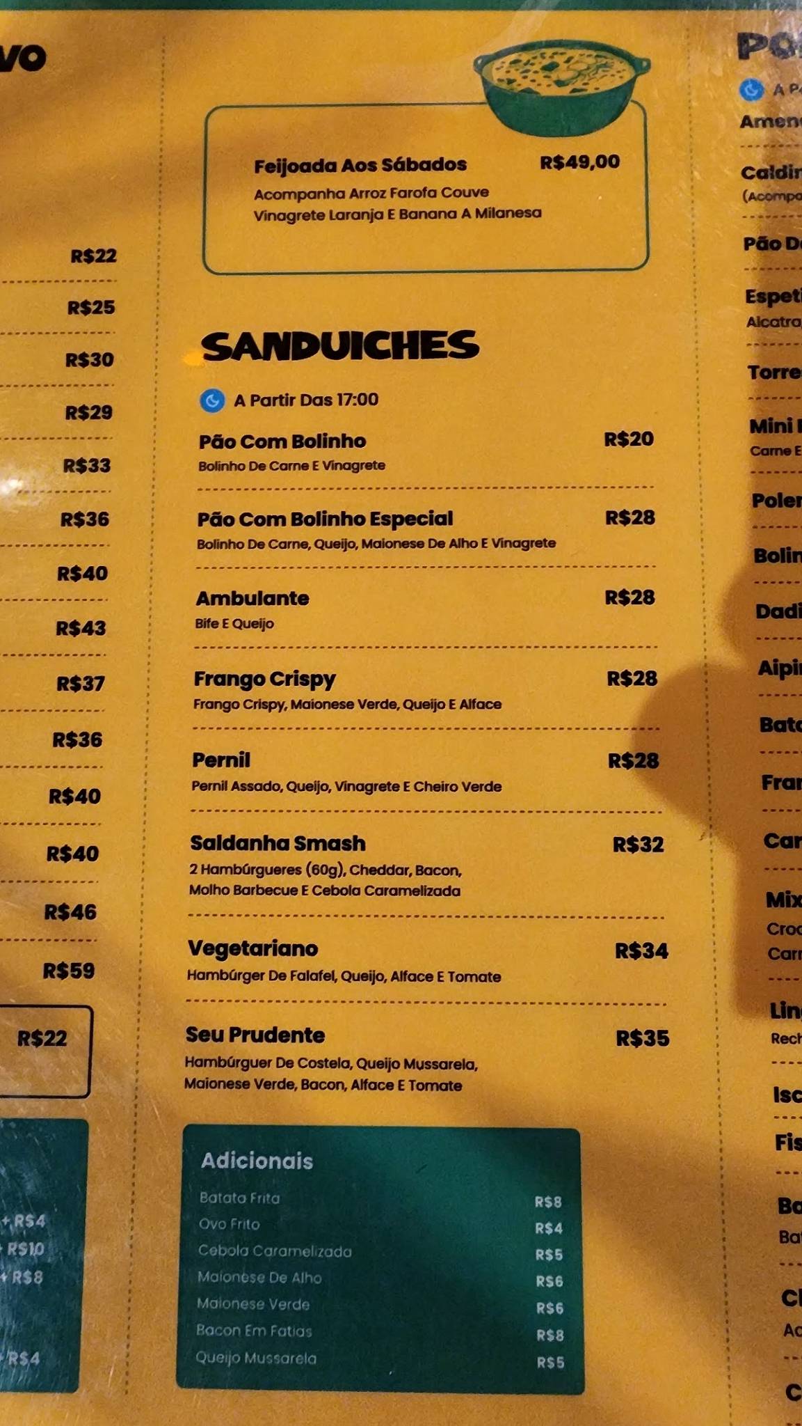 Seu Prudente cardápio