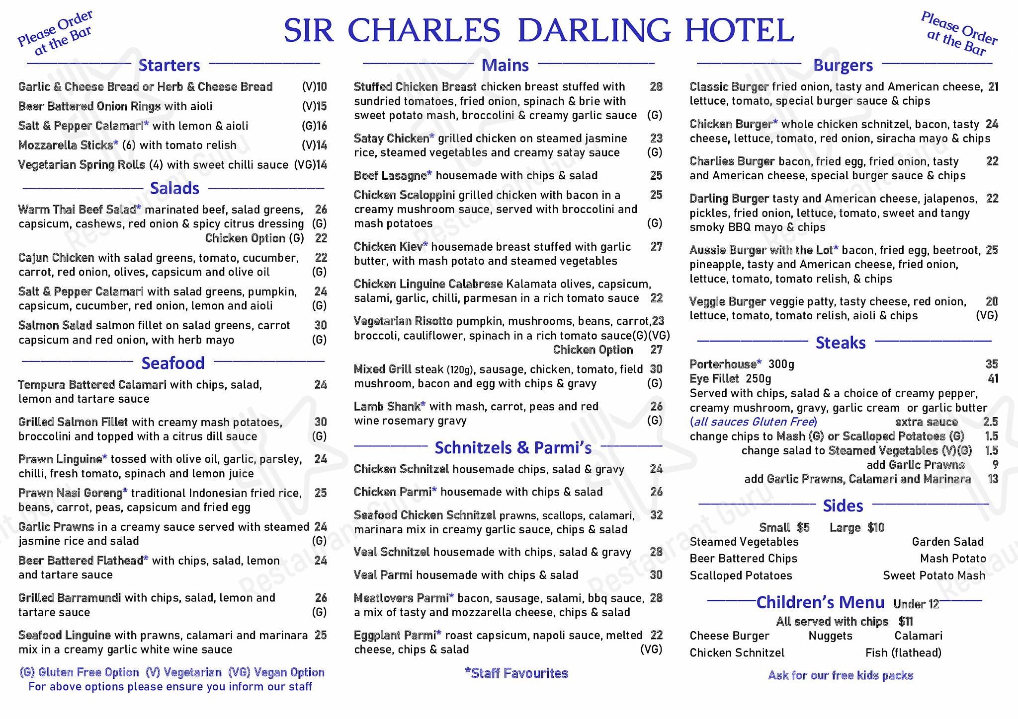 Menu at Sir Charles Darling Hotel restaurant, Geelong