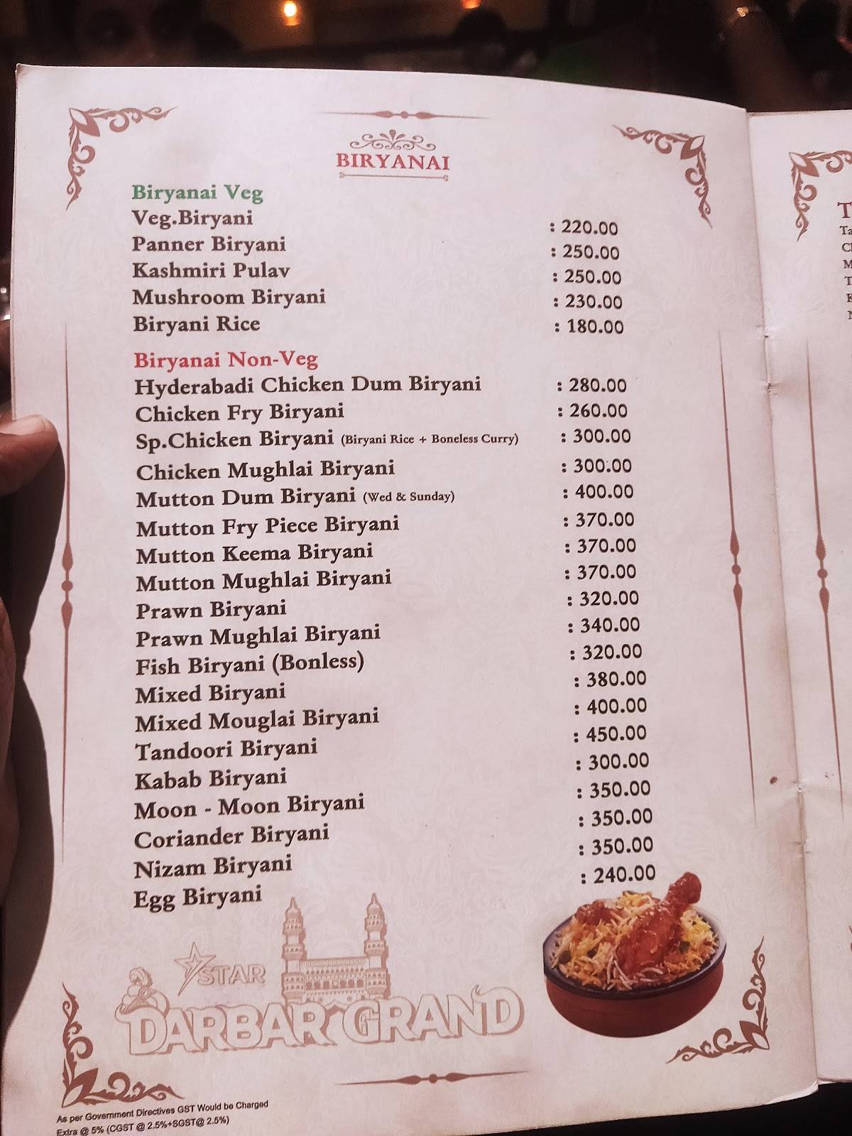 Star Darbar Grand menu