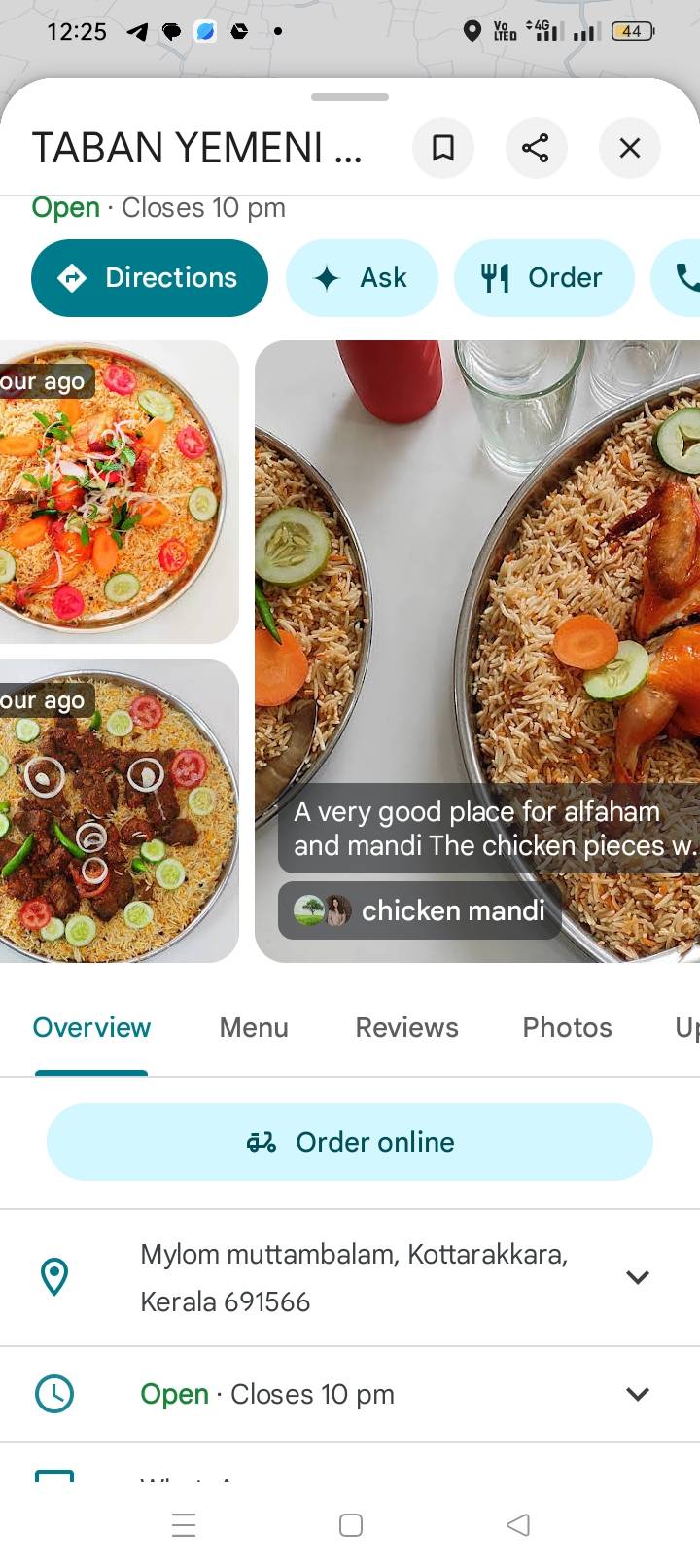 TABAN YEMENI MANDI -KOTTARAKKARA menu