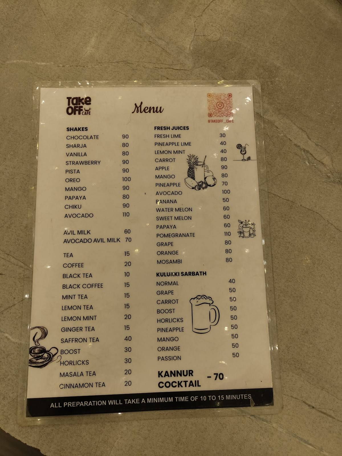 Take Off Cafe menu