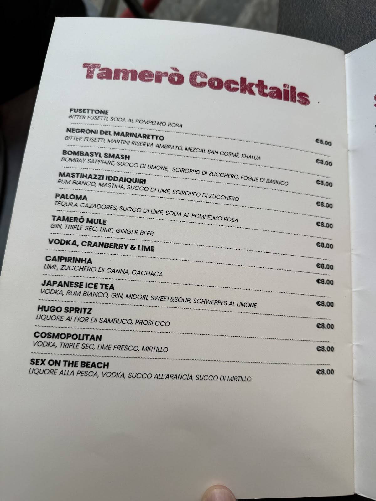 Menu di Tamerò Firenze 