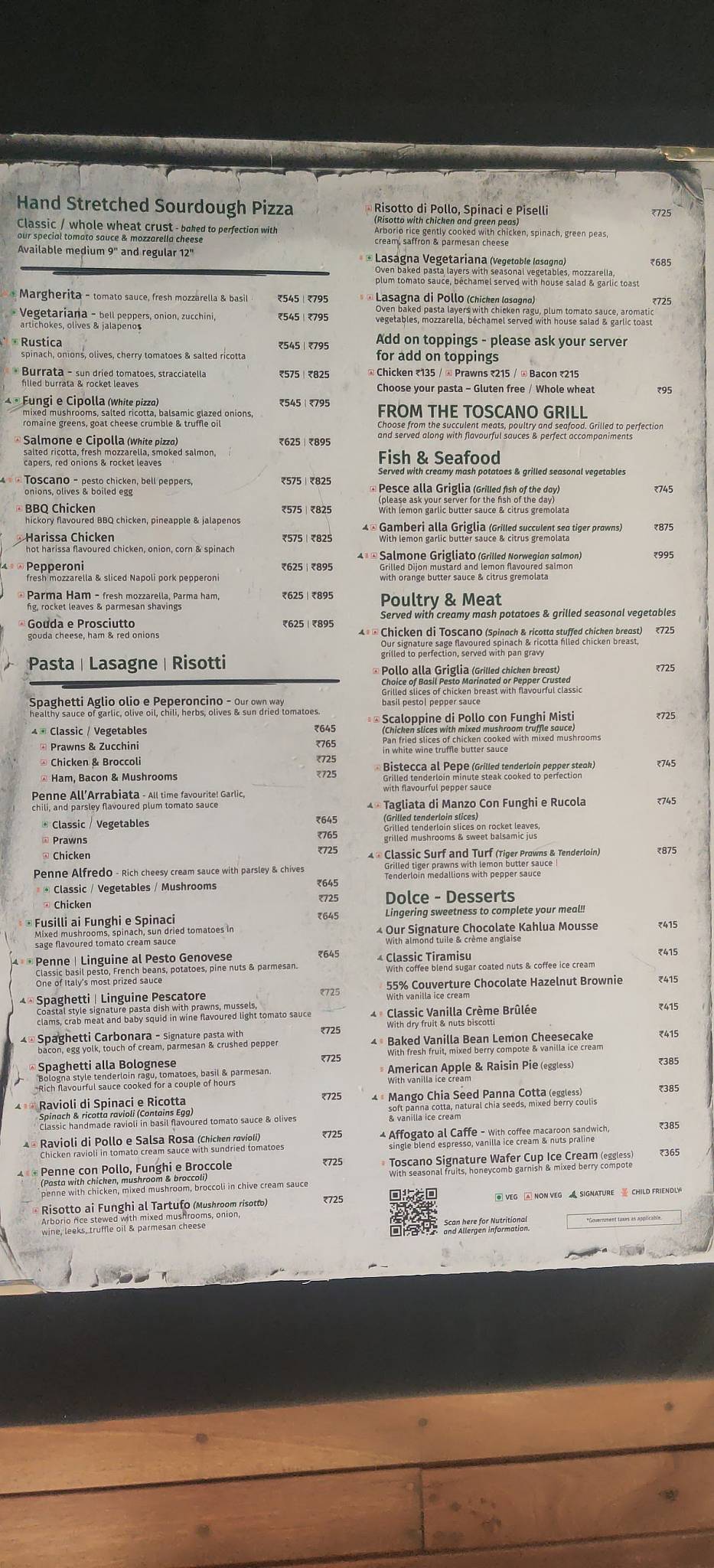 Toscano menu