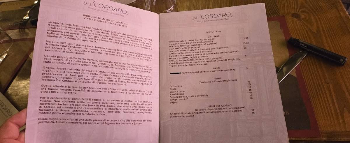 Menu di Trattoria Dal Cordaro (Milano) - Vino e cucina romana dal 1922 