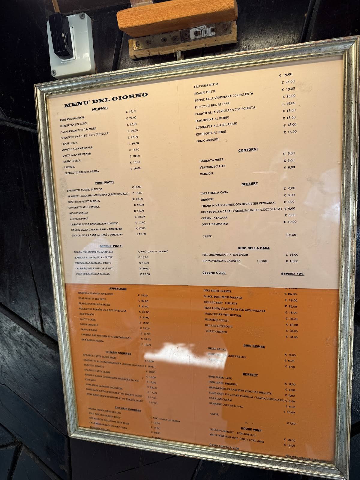 Menu at Trattoria alla Madonna restaurant, Venice, C. della Madonna, image size:1200x1600