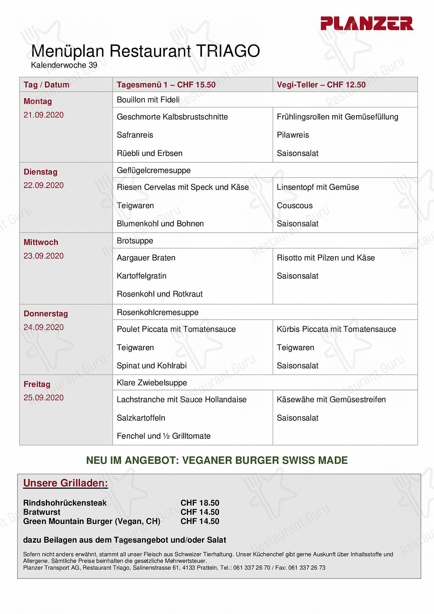 Menu per Restaurant TRIAGO in Pratteln