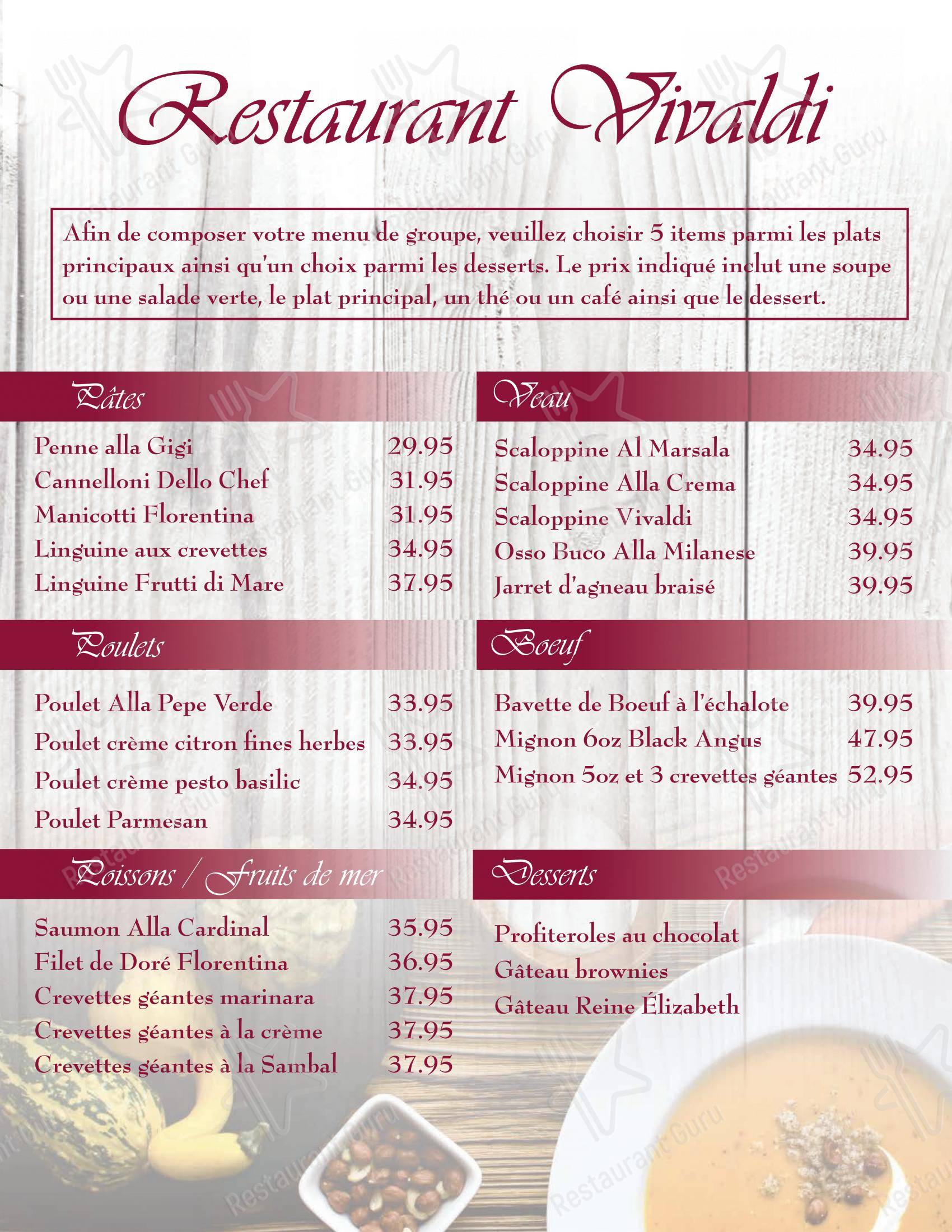 Menu pour Restaurant Vivaldi dans Saint-Jean-sur-Richelieu