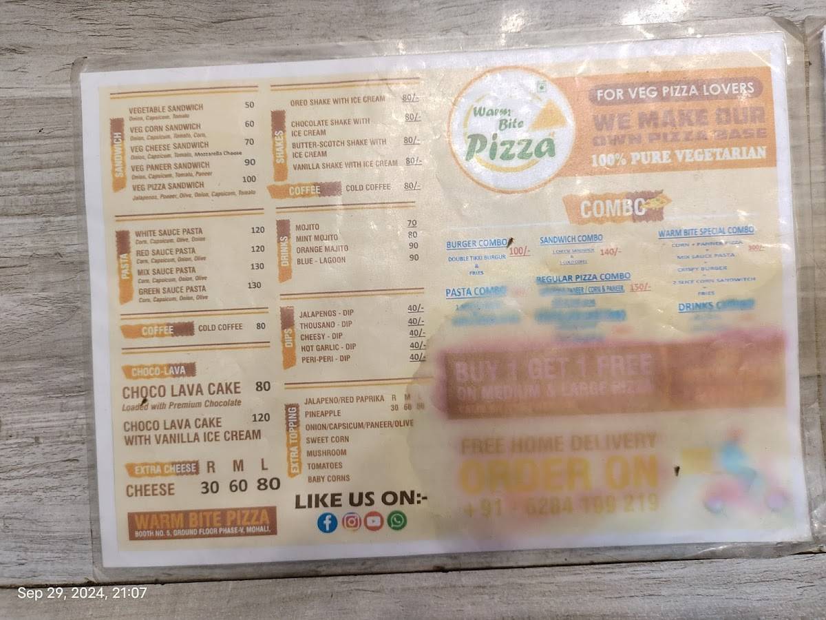WARM BITE PIZZA menu