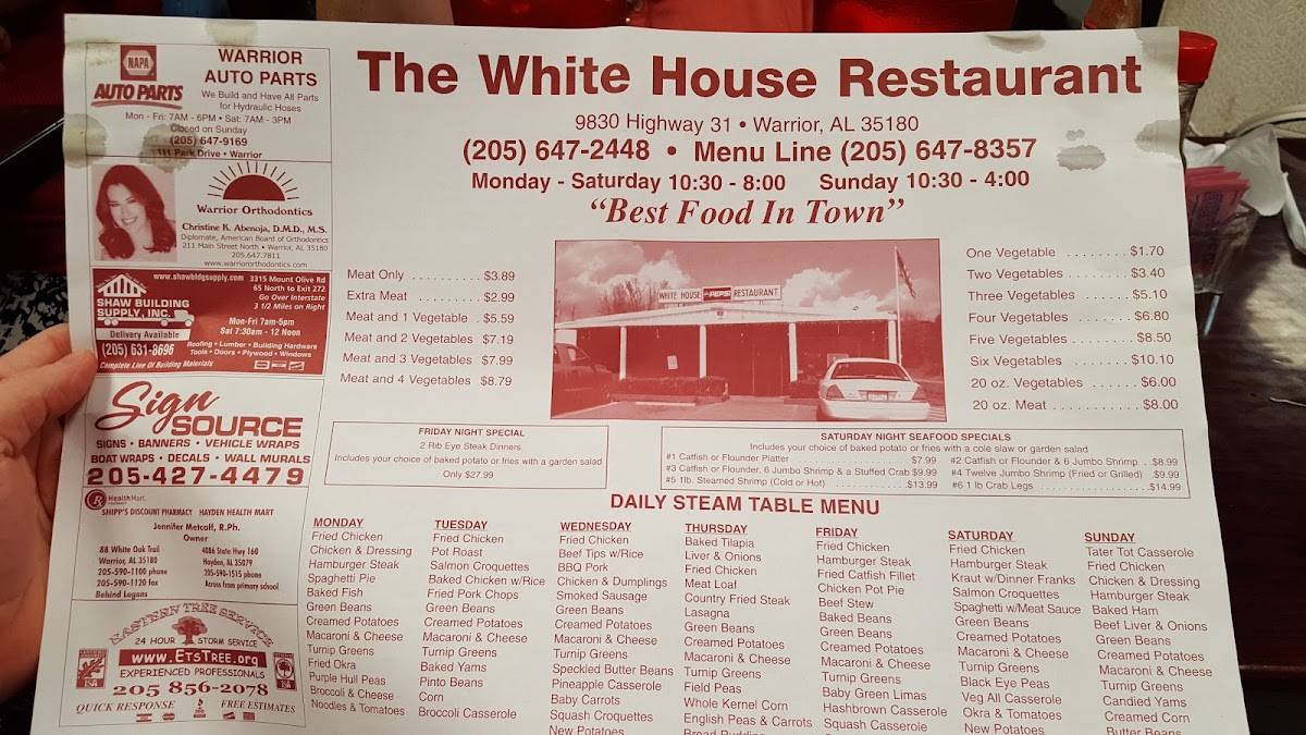 Menu at White House Restaurant, Warrior