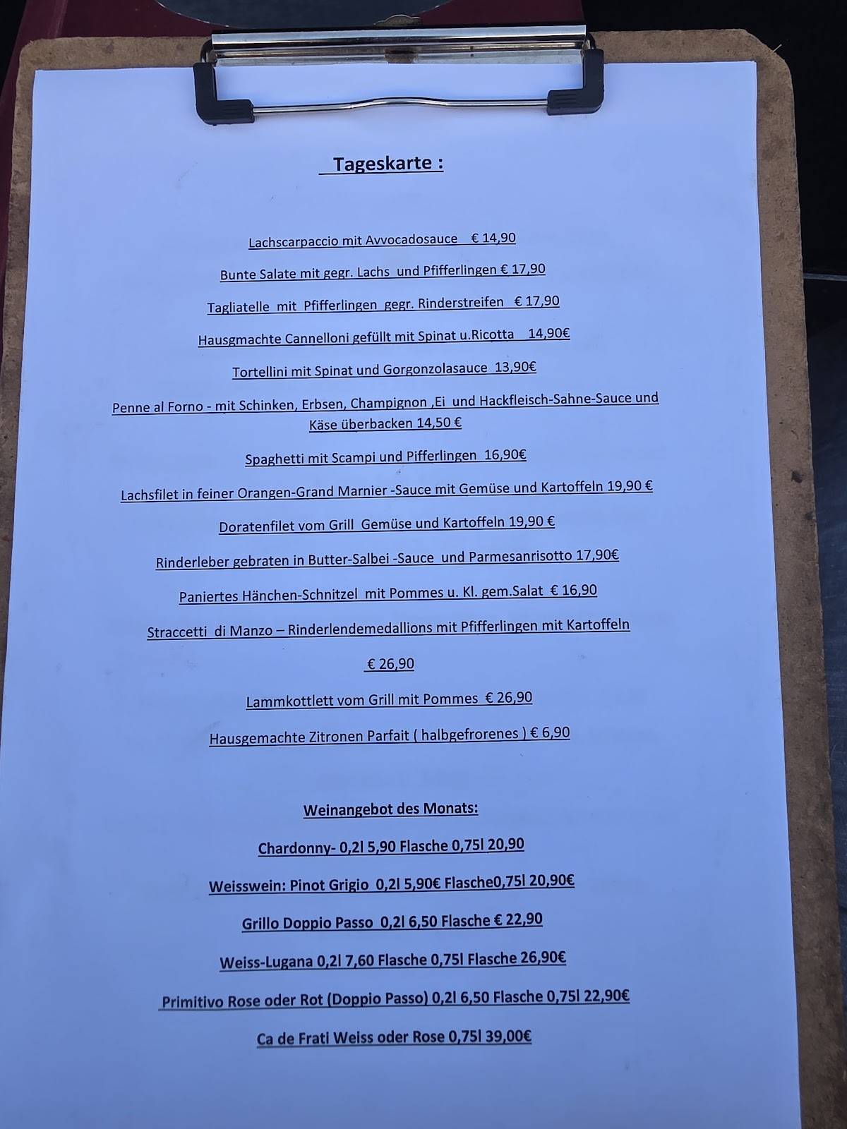 Menu de Restaurant Wunderbar