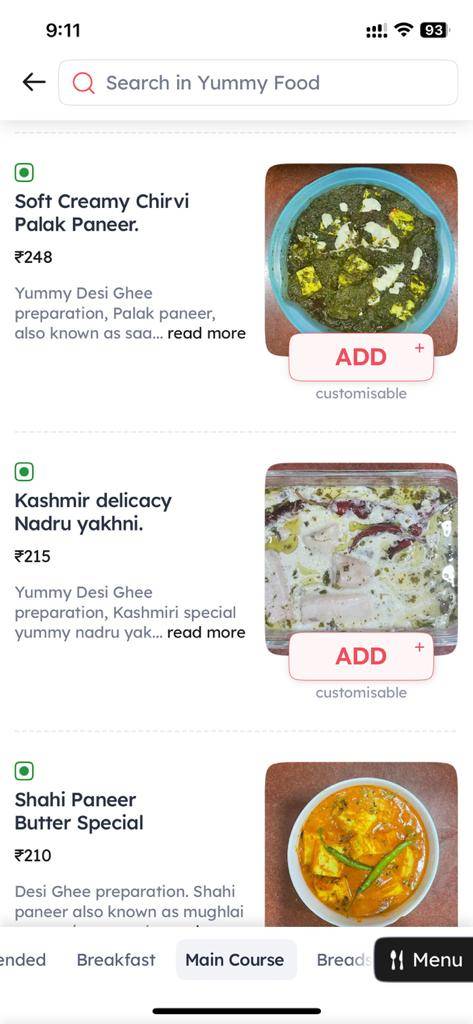 YUMMY FOOD menu