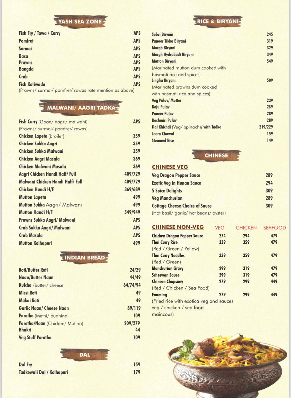 Yash Exotica menu