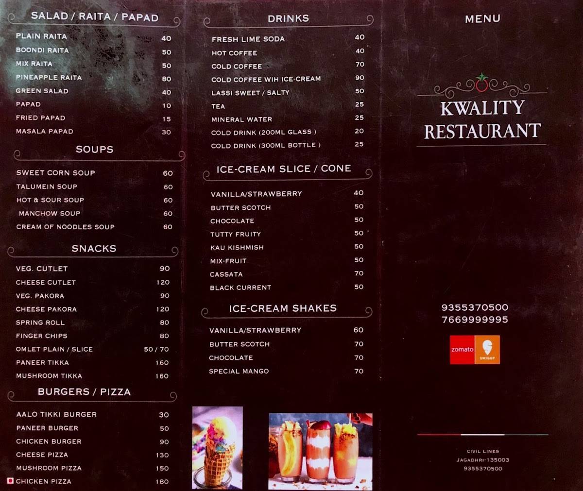 kwality restaurant menu