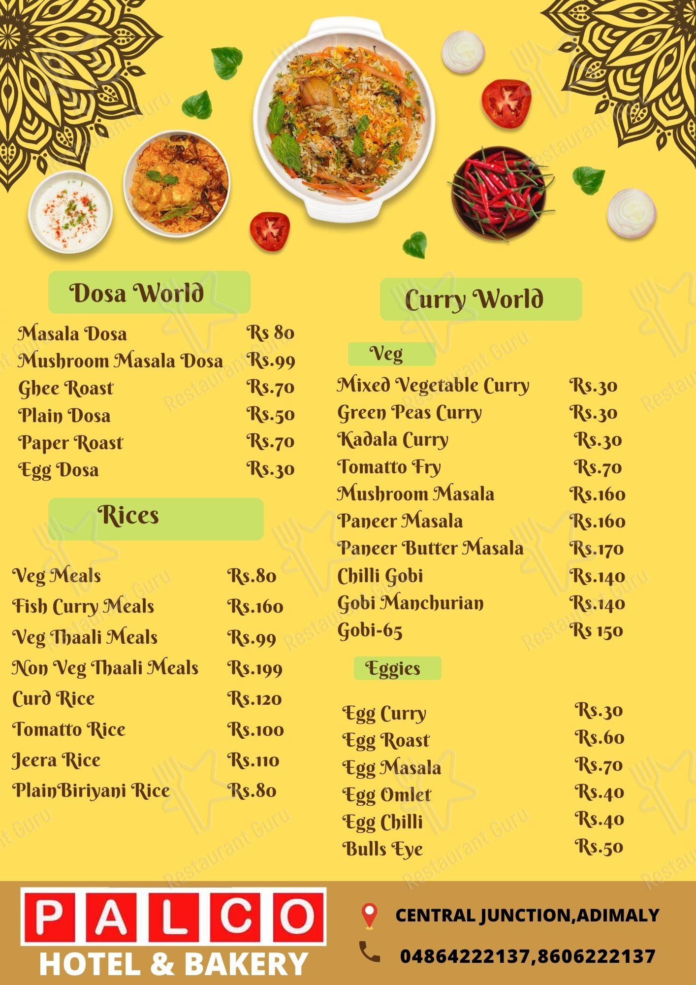 Menu for the PALCO HOTEL&BAKERY restaurant